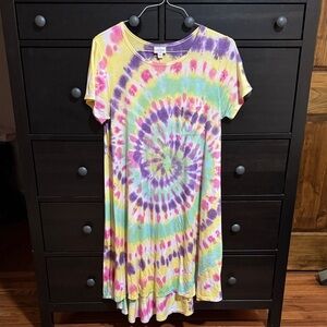 LuLaRoe Tie-Dye Dress in Yellow, Purple, and Pink
